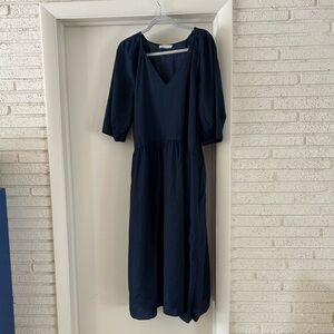 Everlane Linen Puff Sleeve Navy Midi Dress XL